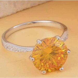 Lustro Stella Brilliant yellow & white CZ solitaire ring, Sz.8. FREE earrings!